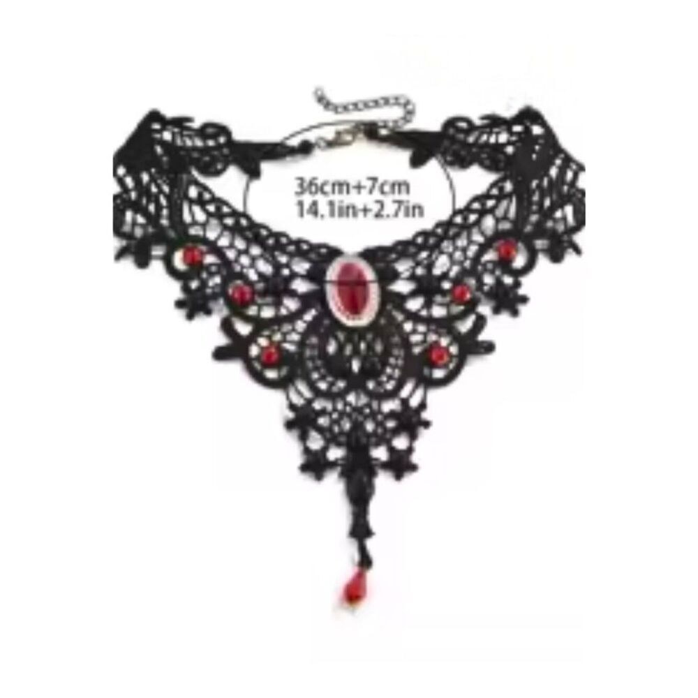 NWT Gothic Black Lace Choker Red & Black Cabochons Teardrop Bead - Picture 6 of 6